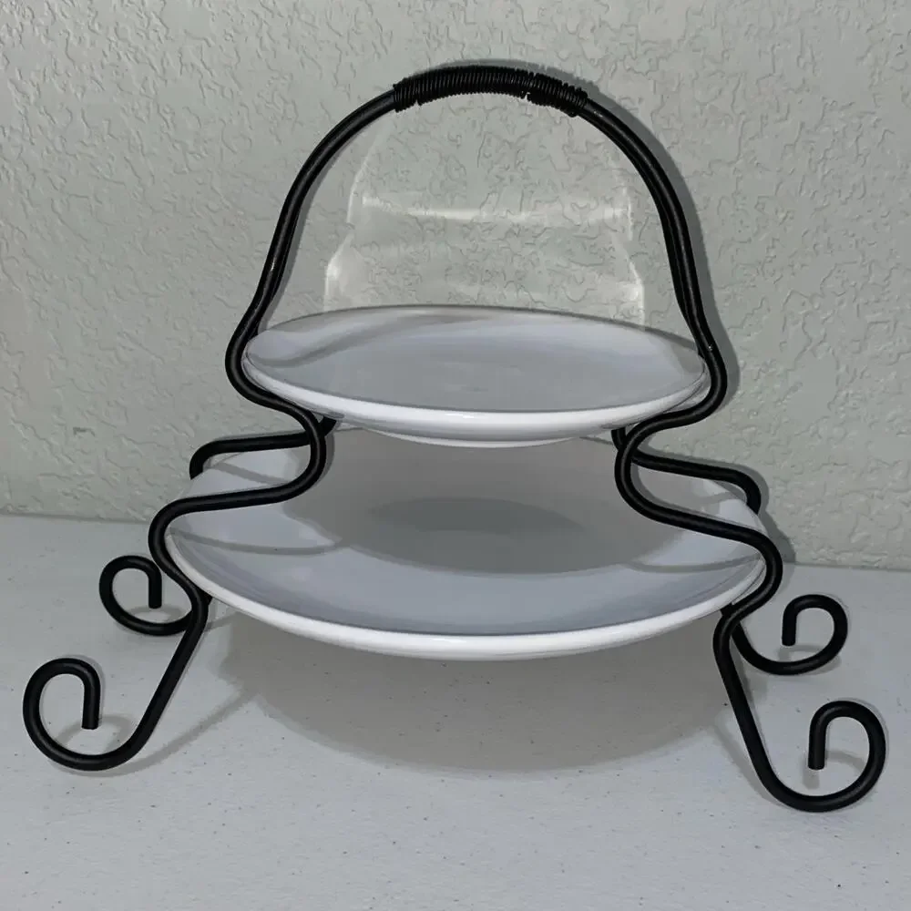 Stoneware Server with Metal Rack 2 Tier White‎ Serving Plates Platters NEW Open
